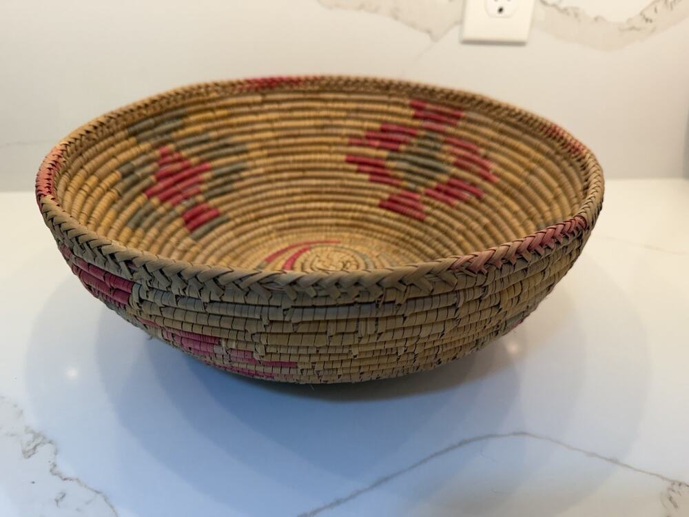 Vintage Hand Woven Coiled Basket Bowl Natural Fiber Red Blue Folk Art 12.5”